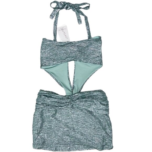 NWT Outcast Winslet Mini Dress Metallic Sage Halter Bodycon Sexy Glam M - Picture 9 of 14